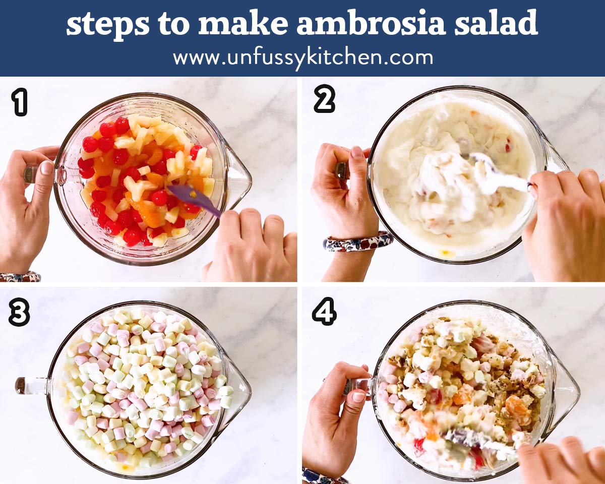 collage of steps to make Ambrosia salad with text overlay