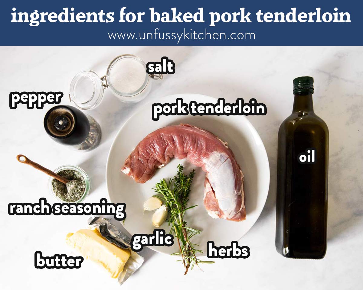 ingredients for baked pork tenderloin with text labels