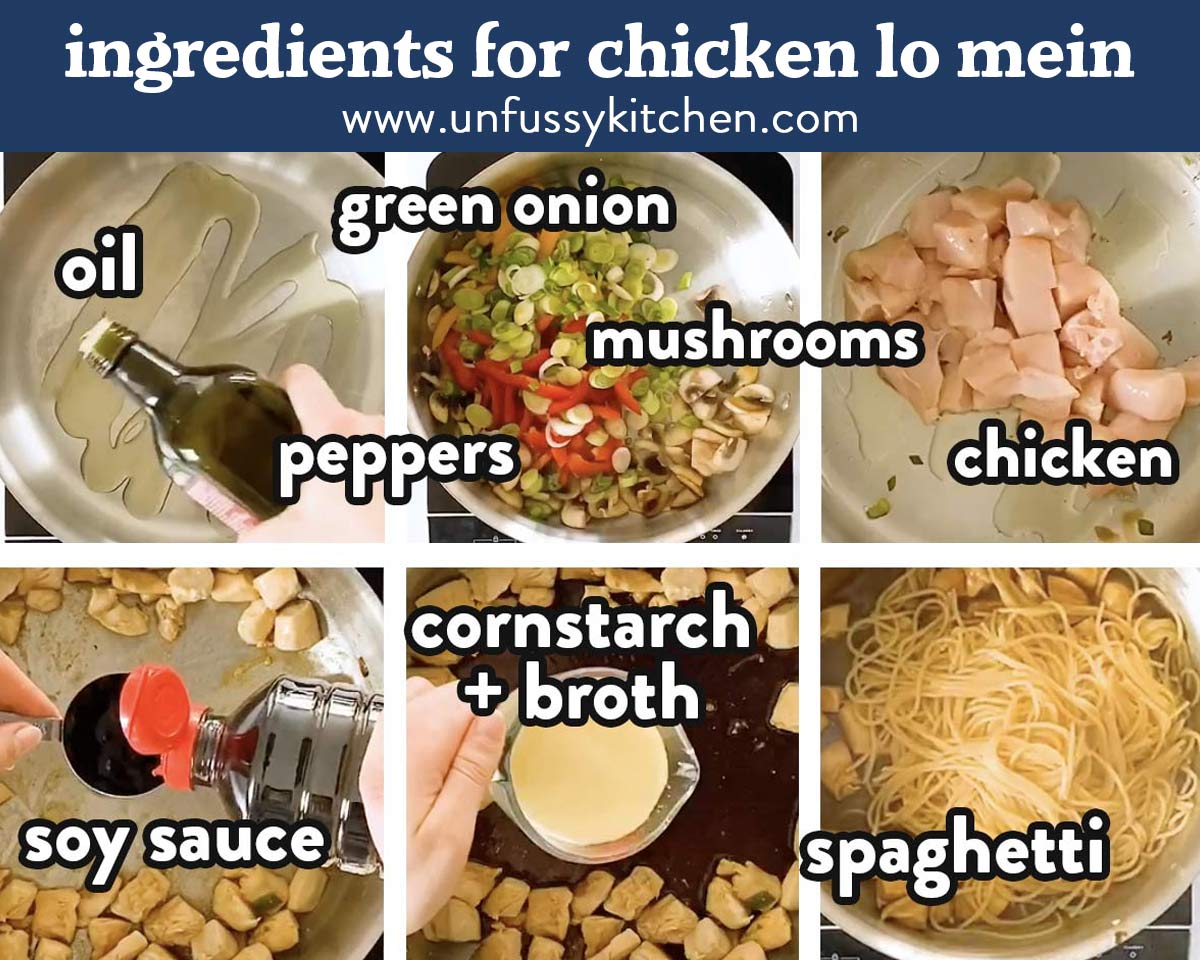 photo collage of lo mein ingredients