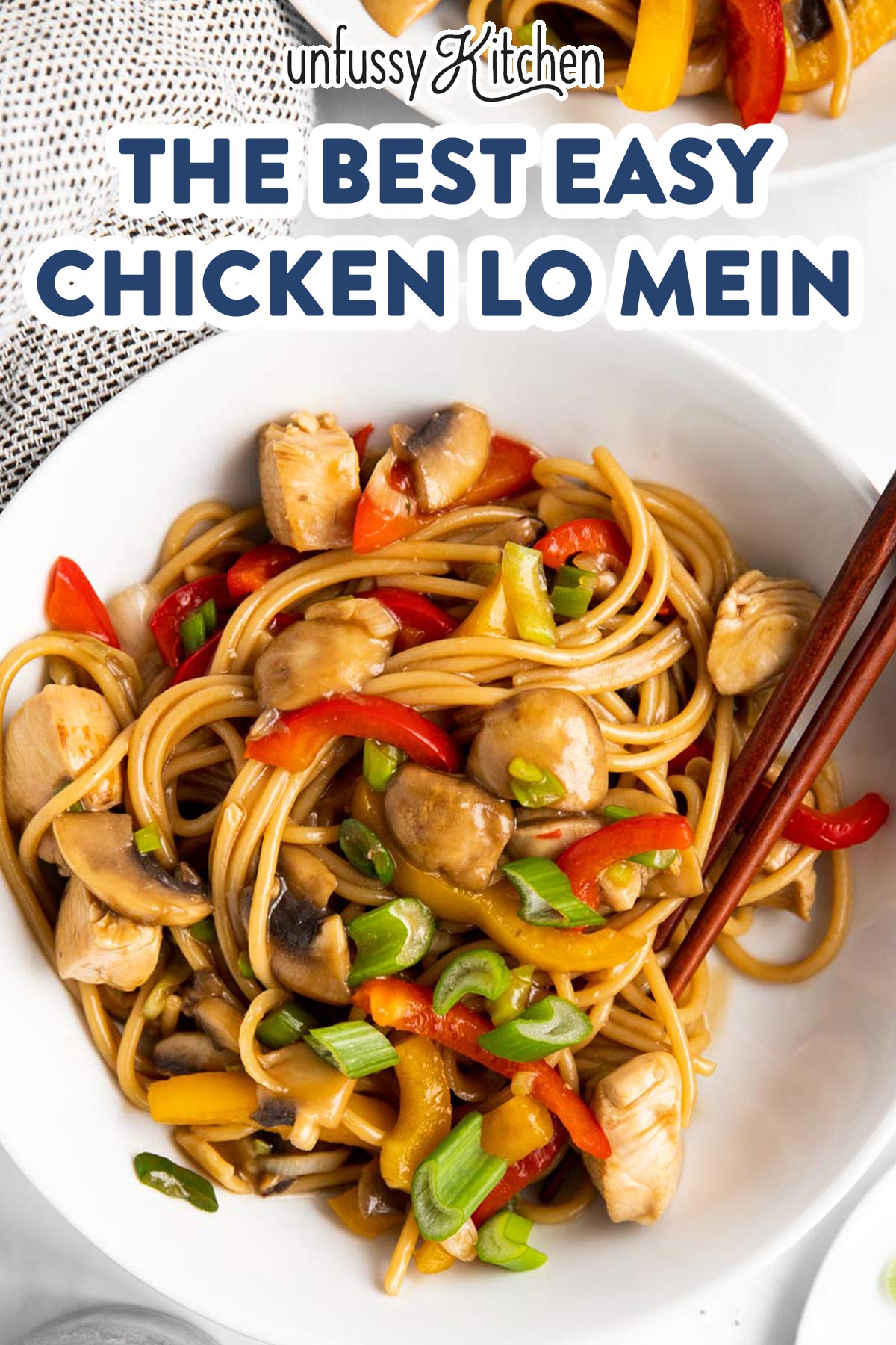 bowl with chicken low mein with text overlay