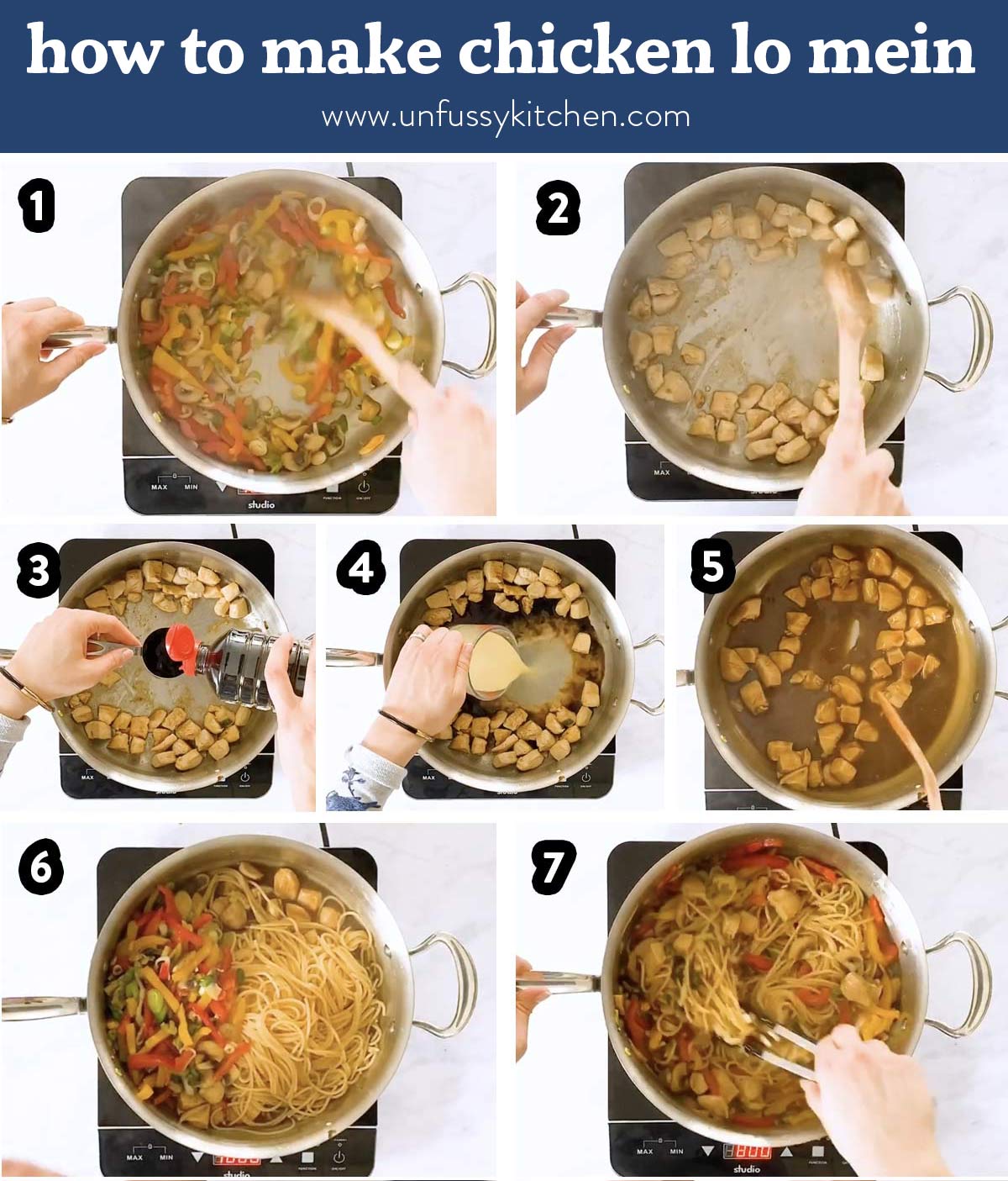 photo collage of steps to make chicken lo mein with text overlay