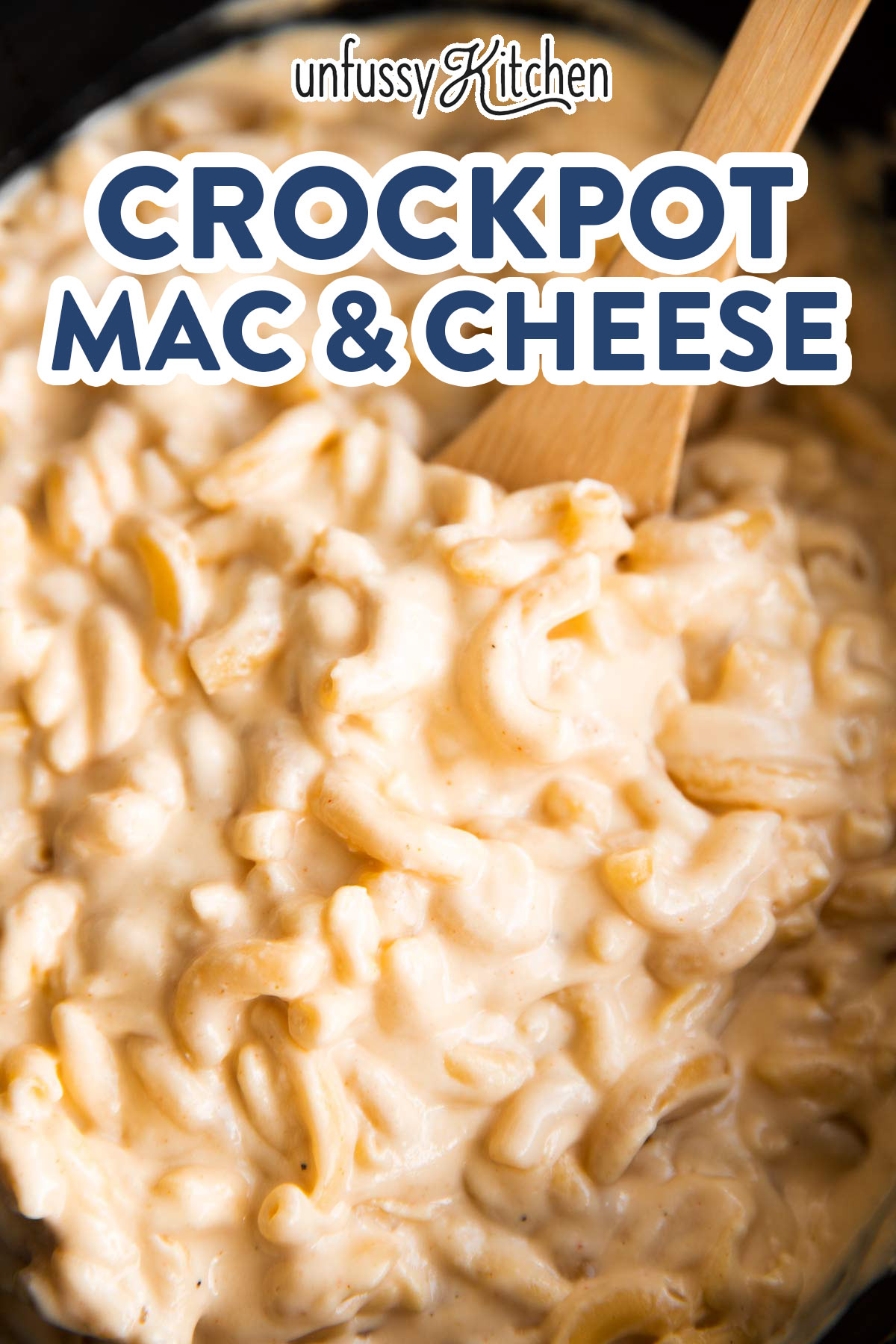 close up of macaroni cheese in a crockpot with text overlay