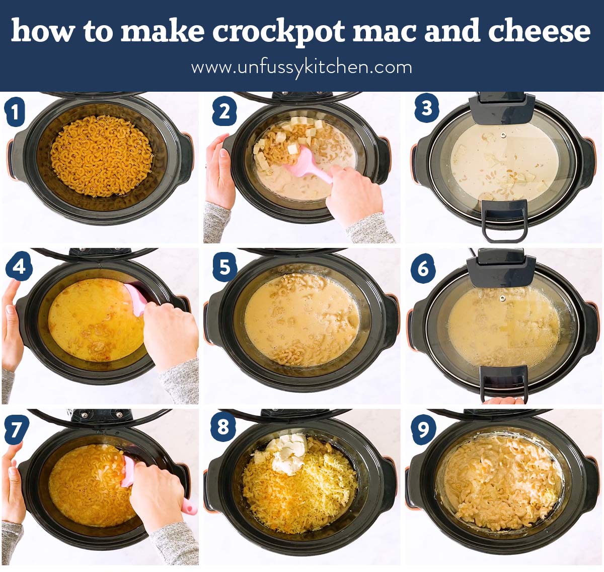 collage of steps to make crockpot Mac and cheese