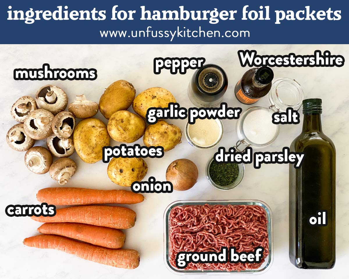 ingredients for hamburger foil packets with text labels