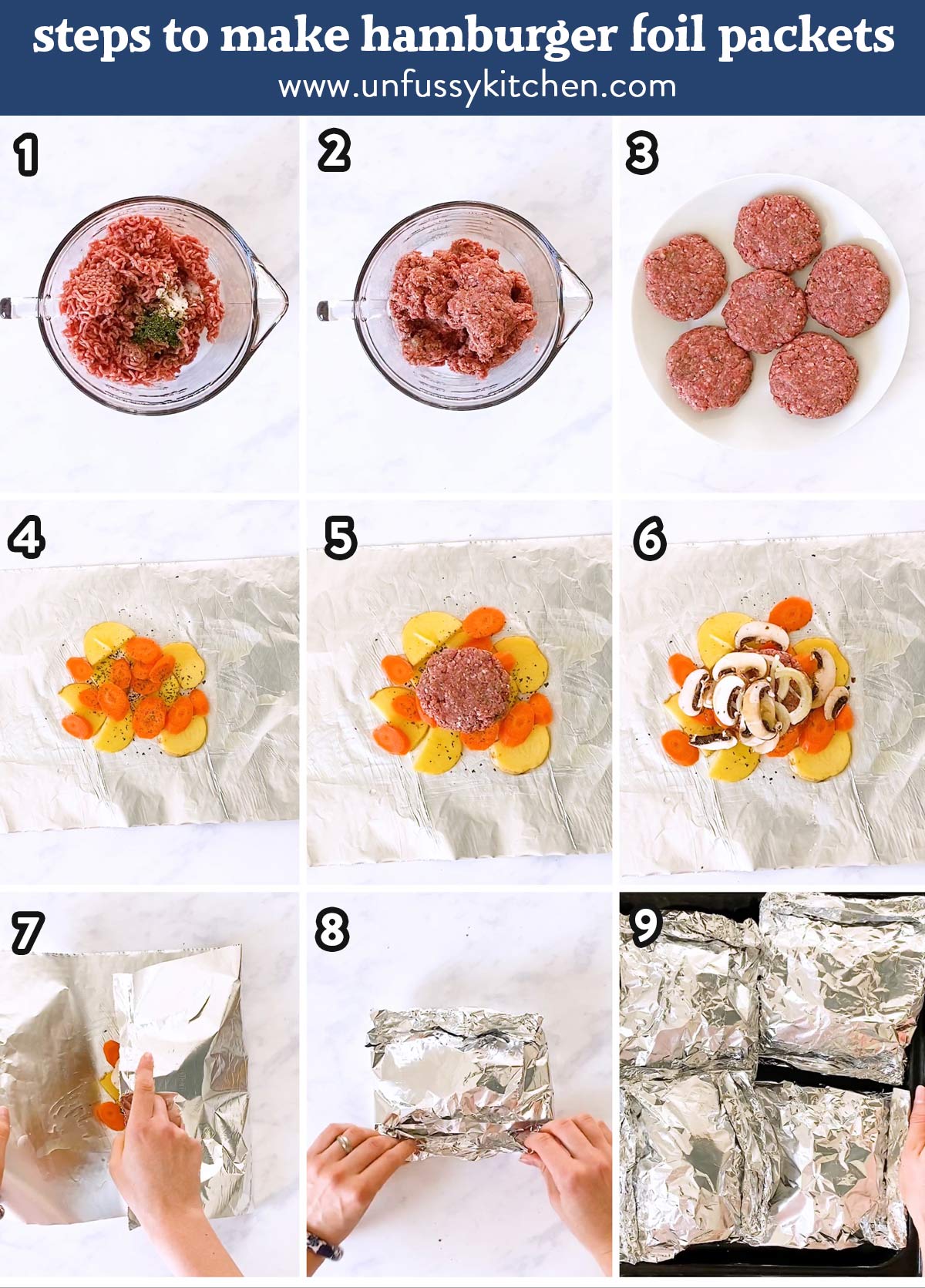 collage of steps to make hobo dinner foil packets