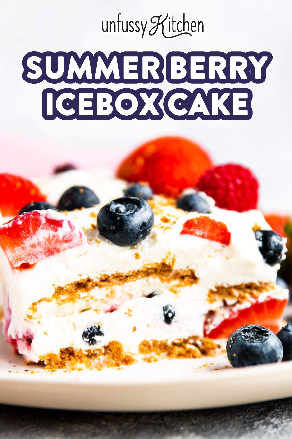slice of icebox cake on plate with text overlay