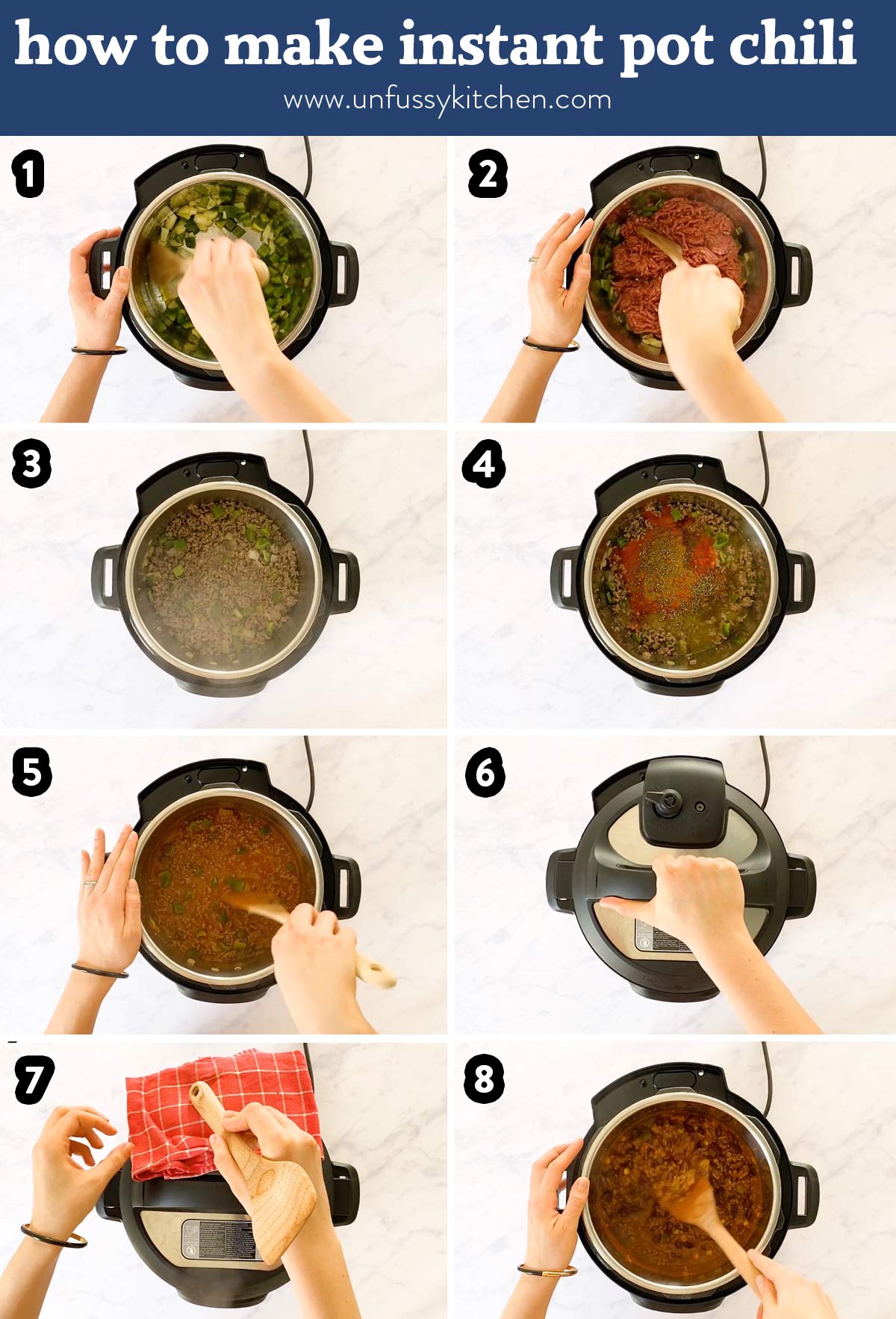 photo collage of steps to prepare instant pot chili