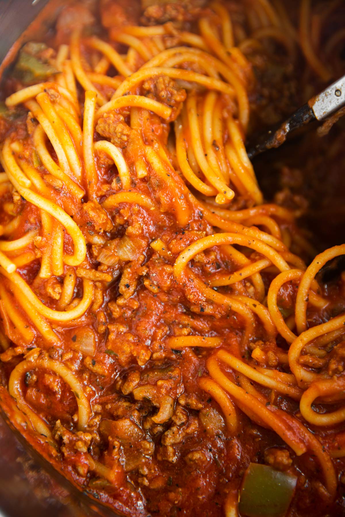 close up of spaghetti in instant pot