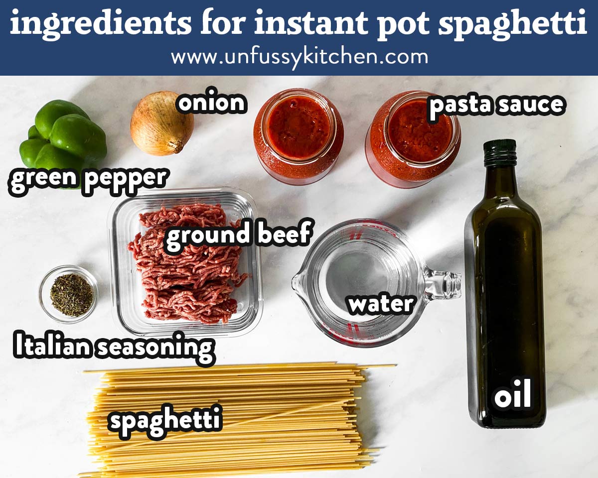 photo of instant pot spaghetti ingredients with text labels 