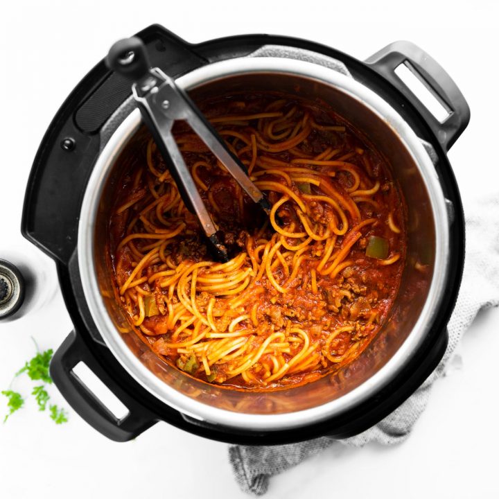 top down view on instant pot with spaghetti and meat sauce