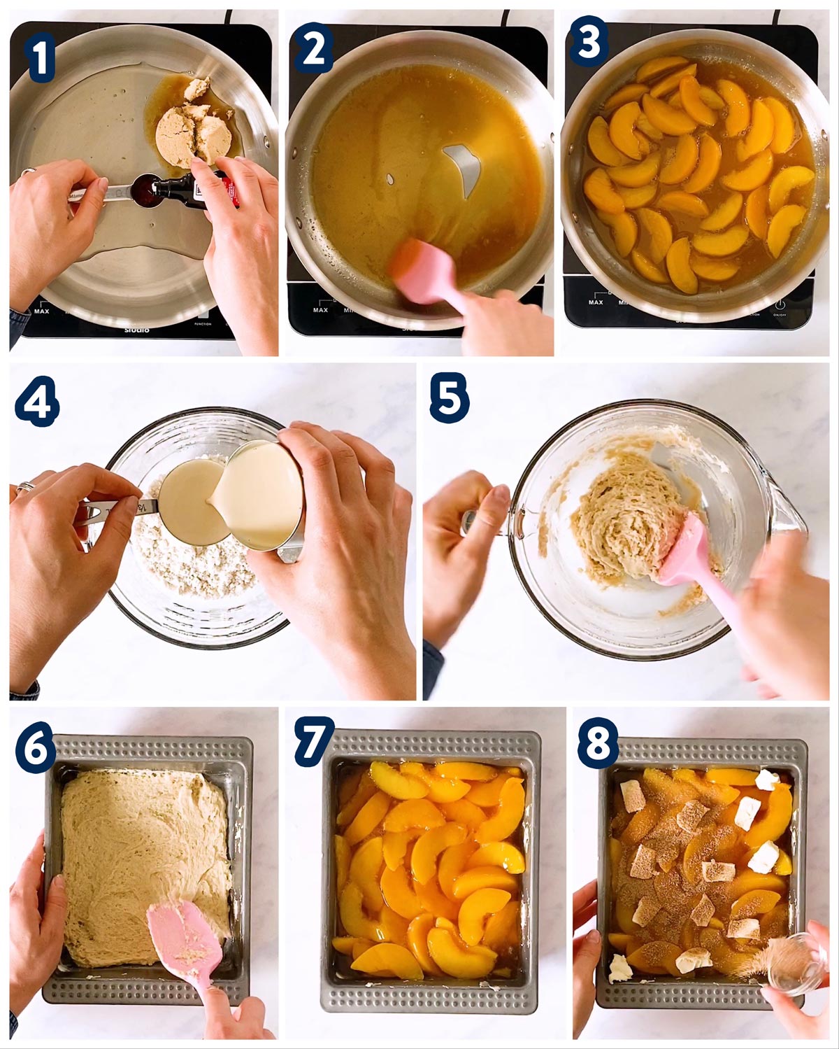 collage of steps to make peach cobbler