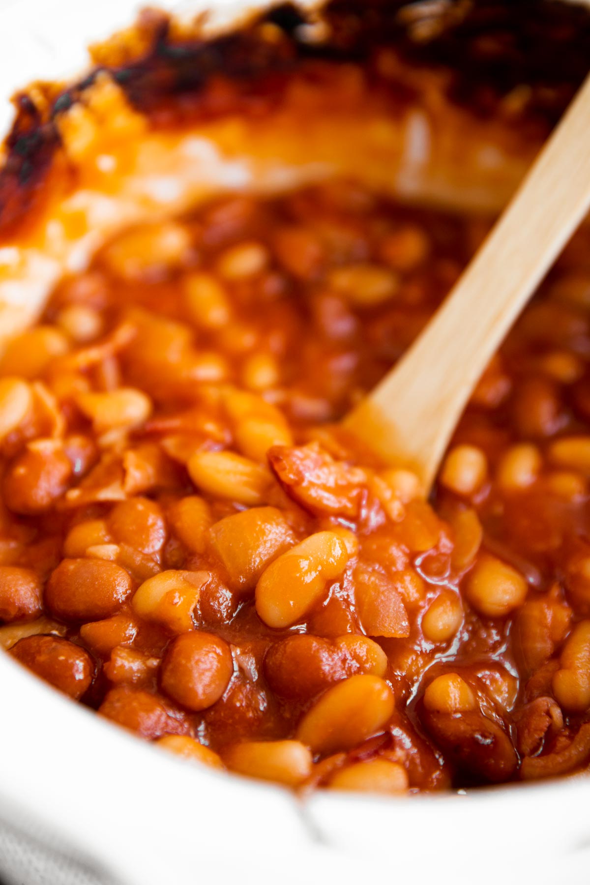 close up of crockpot baked beans