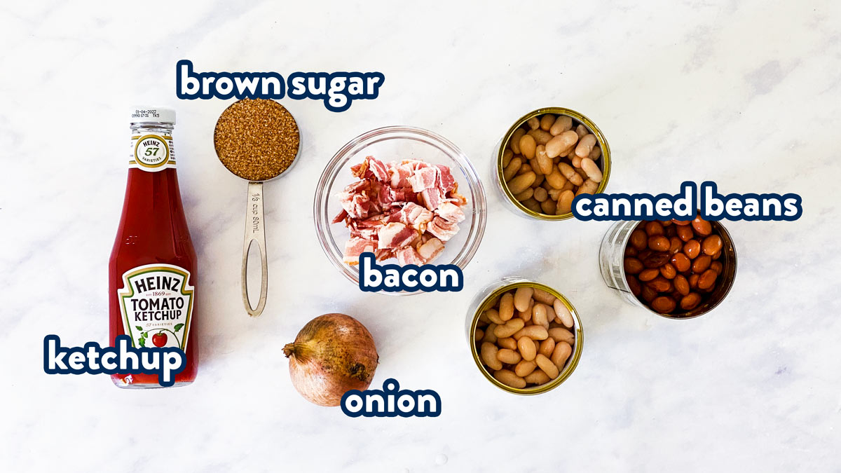 ingredients to make crockpot baked beans with text labels