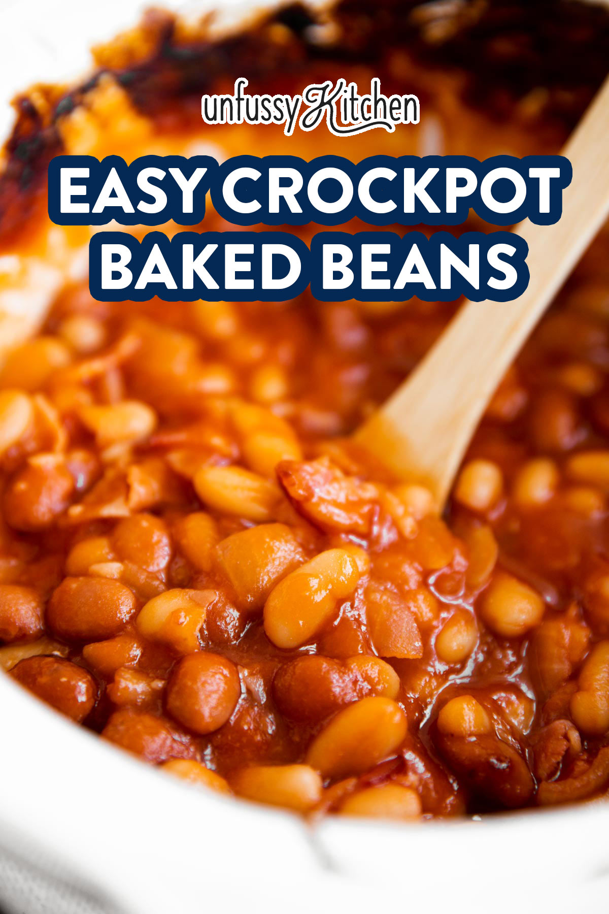 close up of crockpot baked beans with text overlay