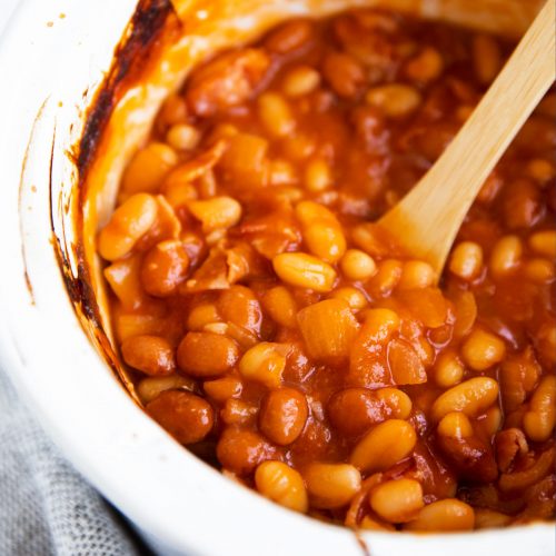 close up of crockpot baked beans