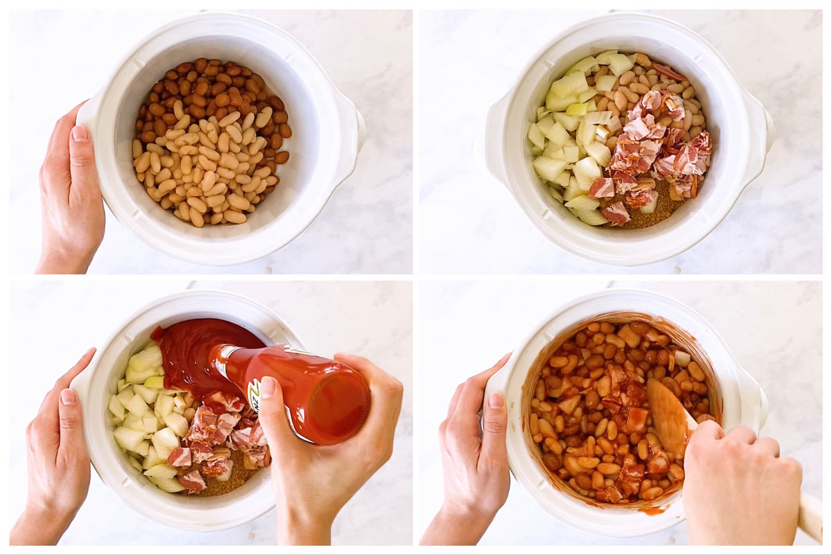 collage of steps to combine ingredients for crockpot baked beans