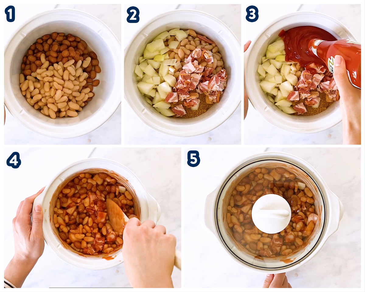 collage of steps to make crockpot baked beans