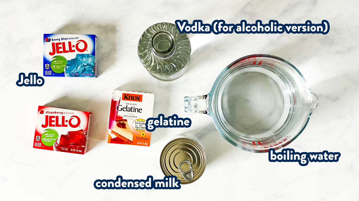 ingredients for jello shots with text labels