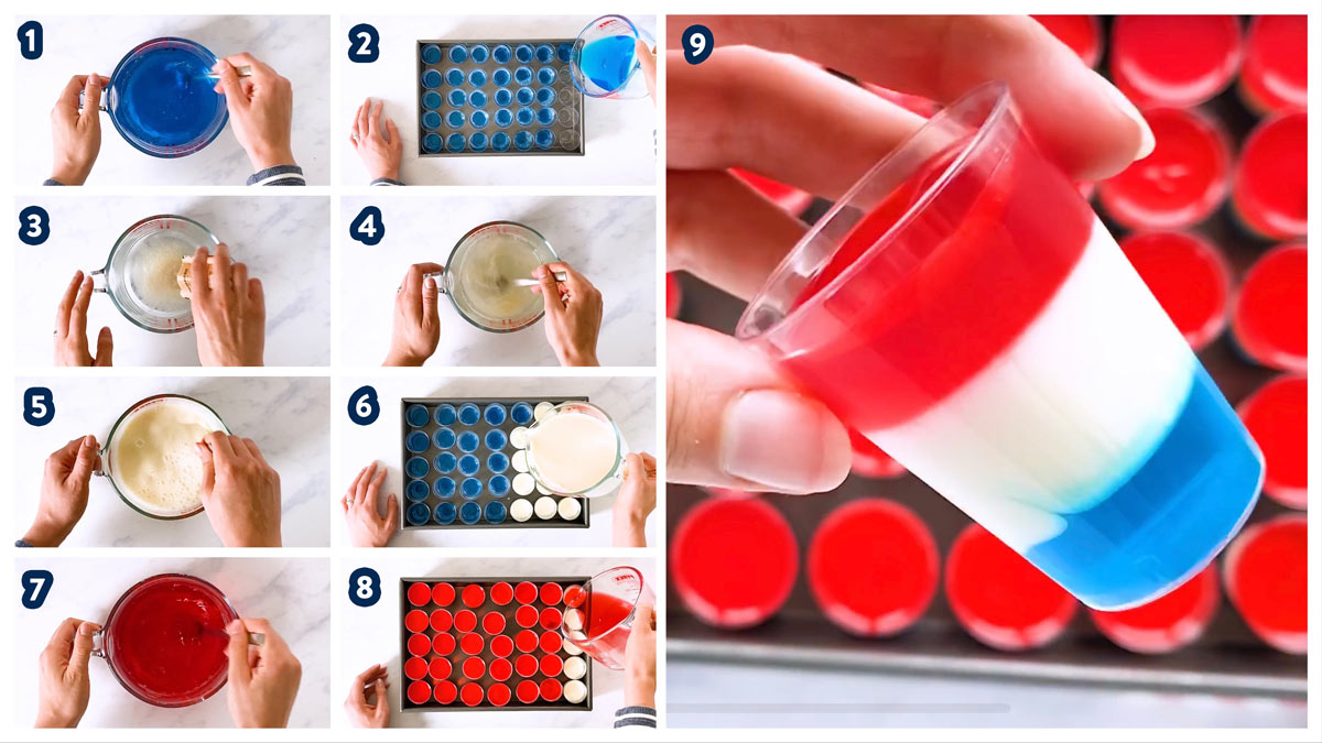 collage of steps to make red white and blue layered jello shots