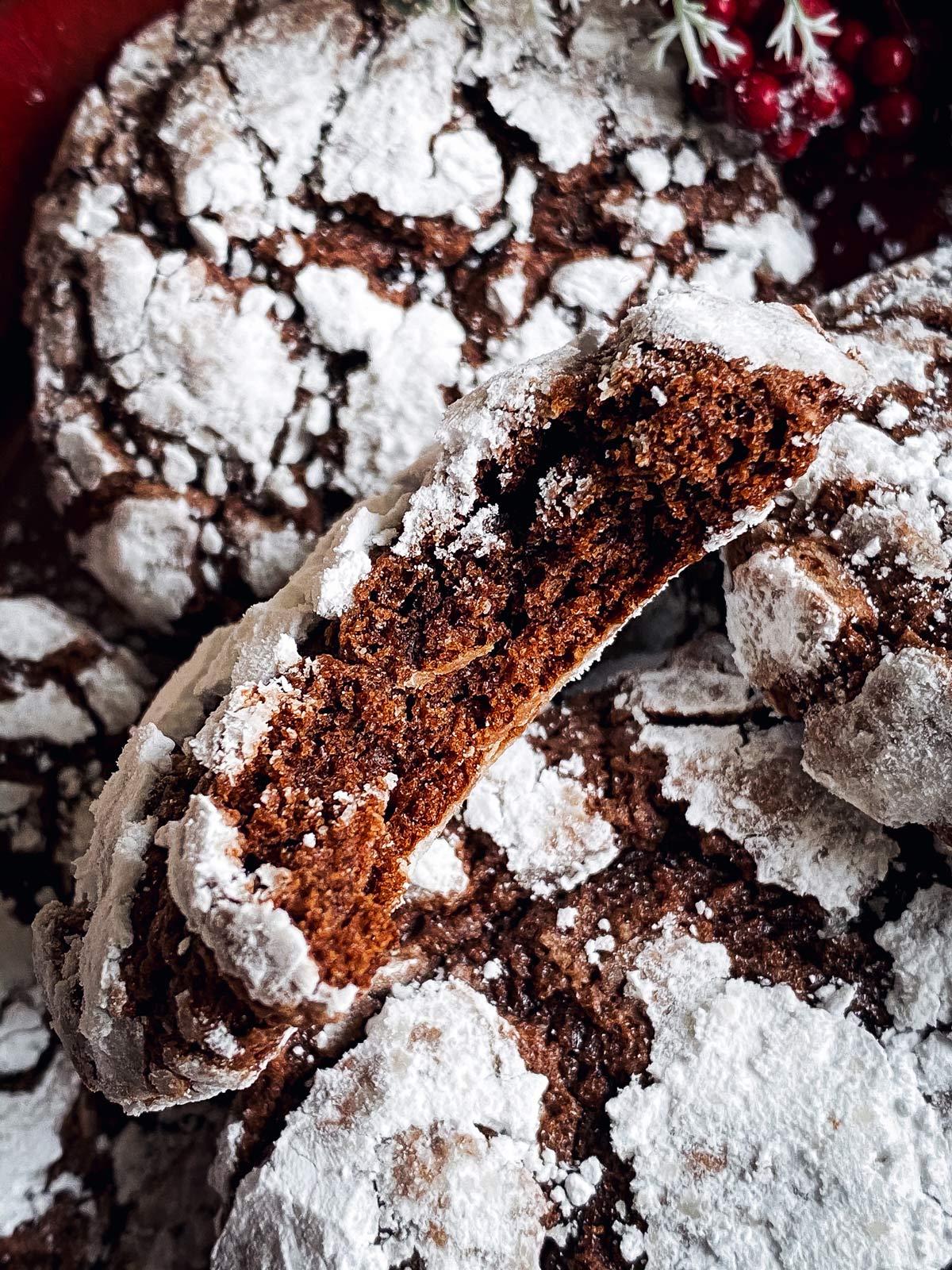 bitten-off chocolate crinkle cookie