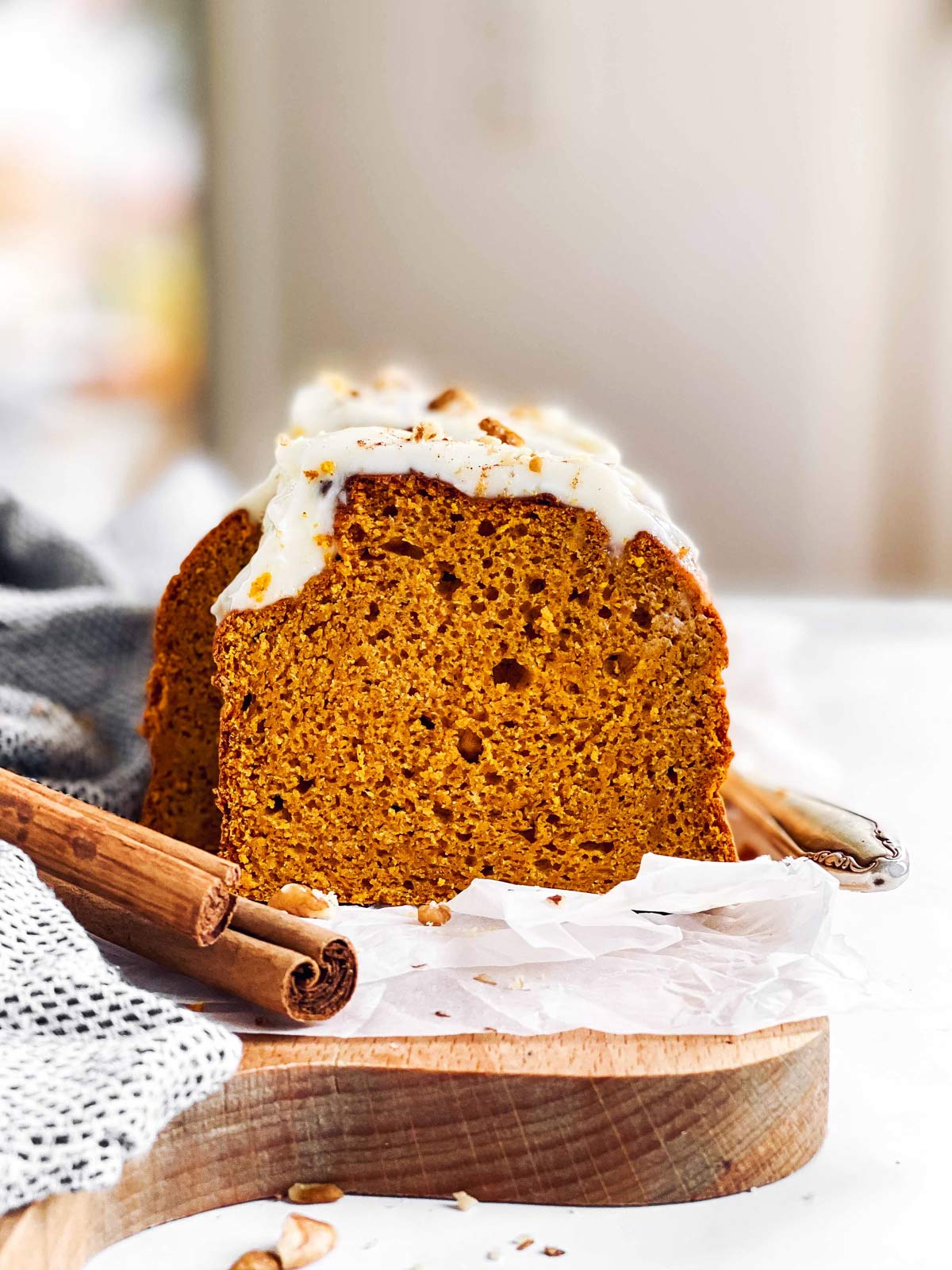 sliced pumpkin bread from straight ahead