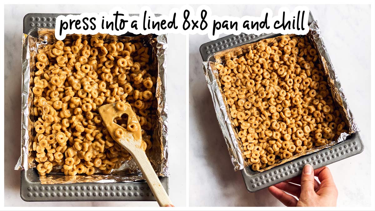 collage of images to show pressing cheerio bar mix into lined pan