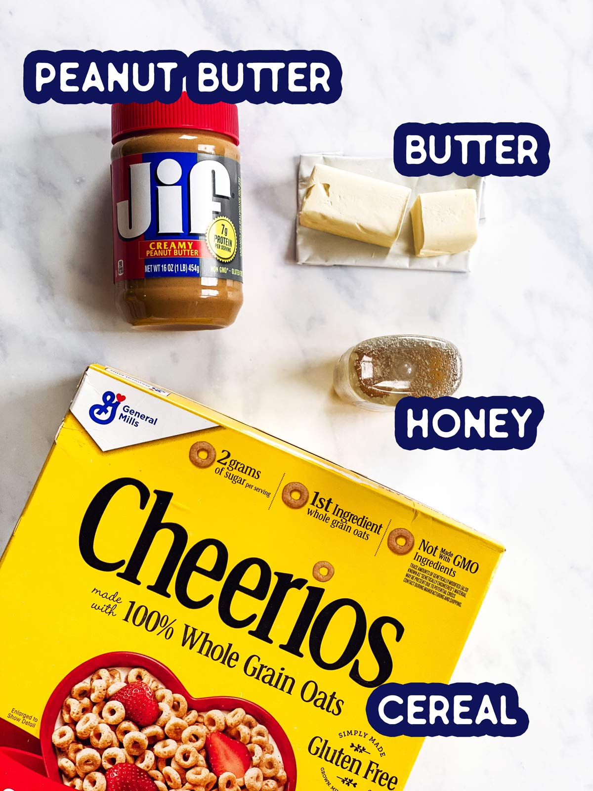 ingredients for peanut butter cheerio bars with text labels