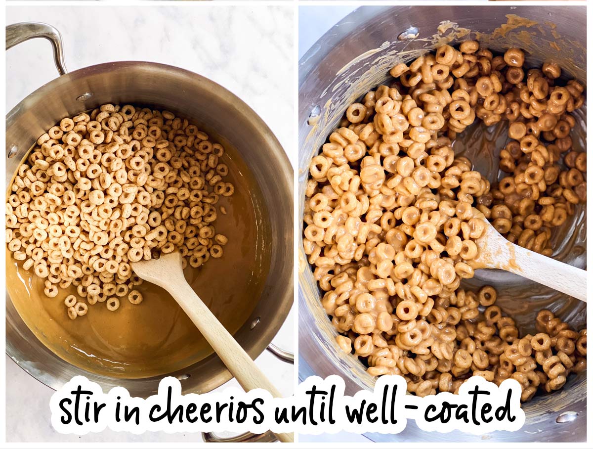 collage of images to show folding cheerios into peanut butter mixture