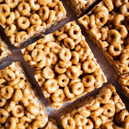 close up photo of sliced peanut butter cheerio bars