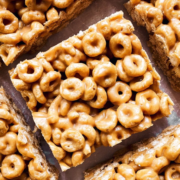 close up photo of sliced peanut butter cheerio bars