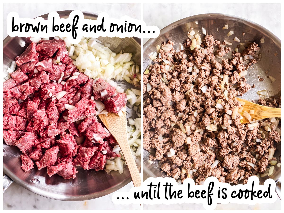 collage to show browning beef and onion