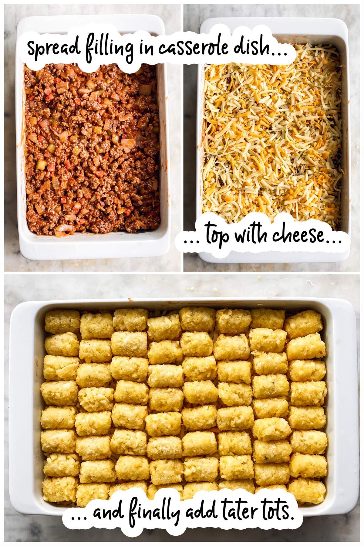 collage to show assembling a tater tot casserole