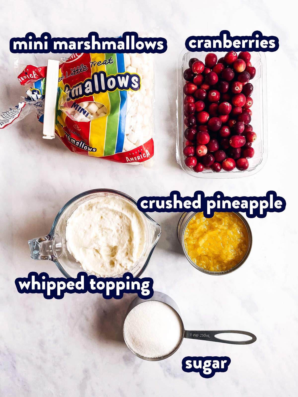 ingredients for Cranberry Fluff with text labels