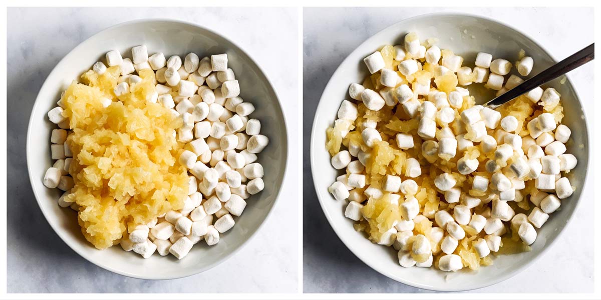 collage of pineapple and marshmallows in a bowl