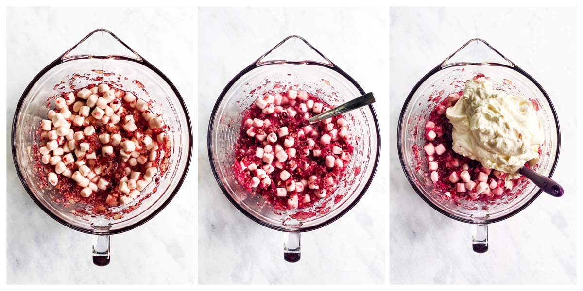 collage of cranberry fluff salad in the making