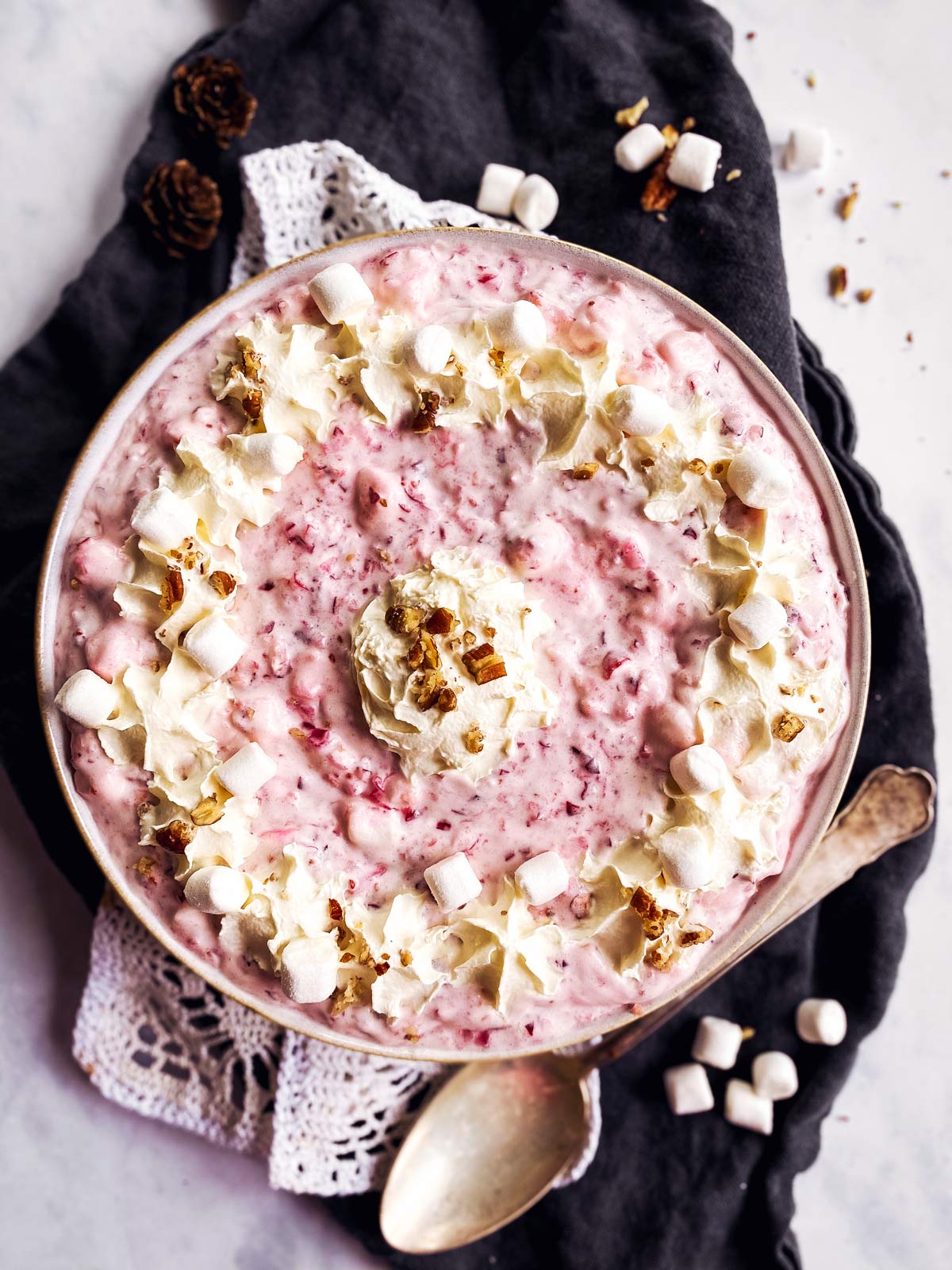 overhead view of bowl with cranberry fluff