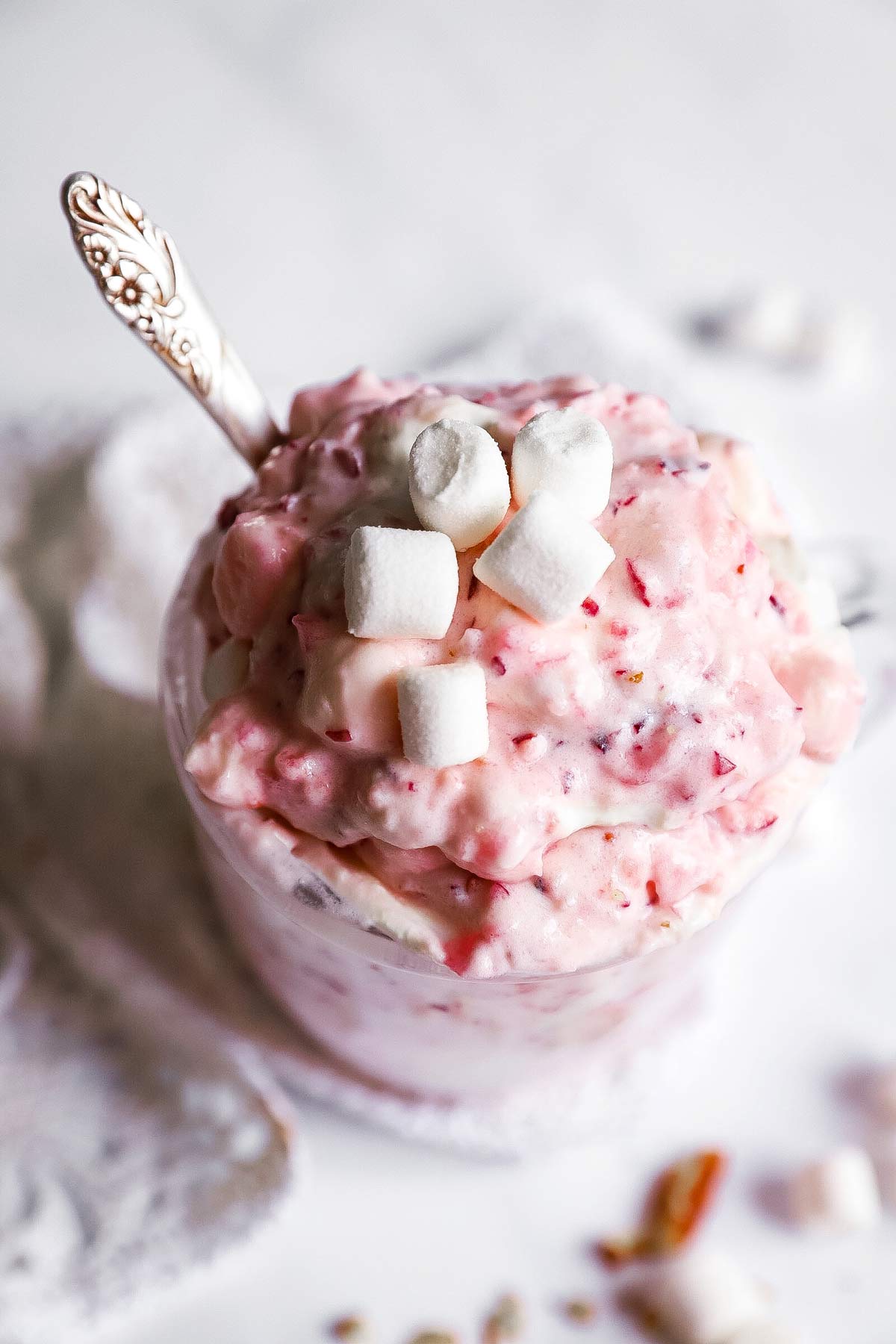 overhead view of glass mug with cranberry fluff