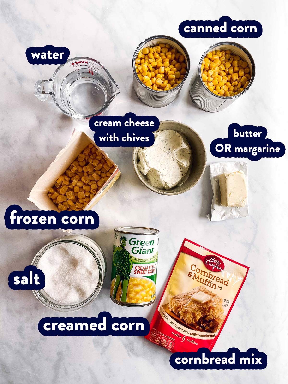 ingredients for corn casserole with text labels