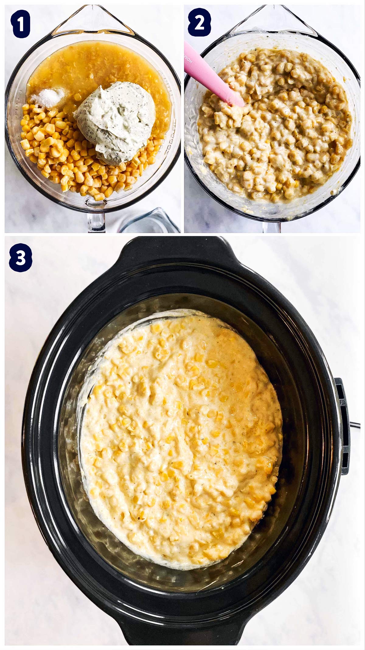 collage of steps to make a corn casserole in the slow cooker