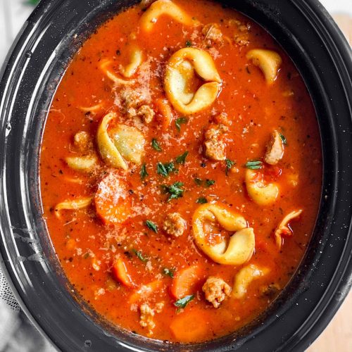 overhead view on crockpot with tortellini view