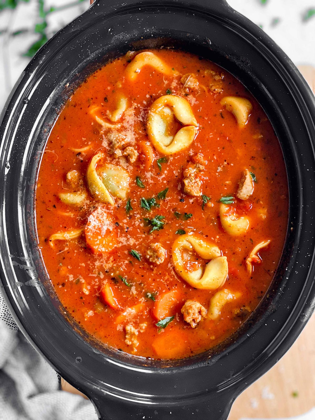 overhead view on crockpot with tortellini view