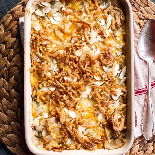 baked green beans casserole on place mat