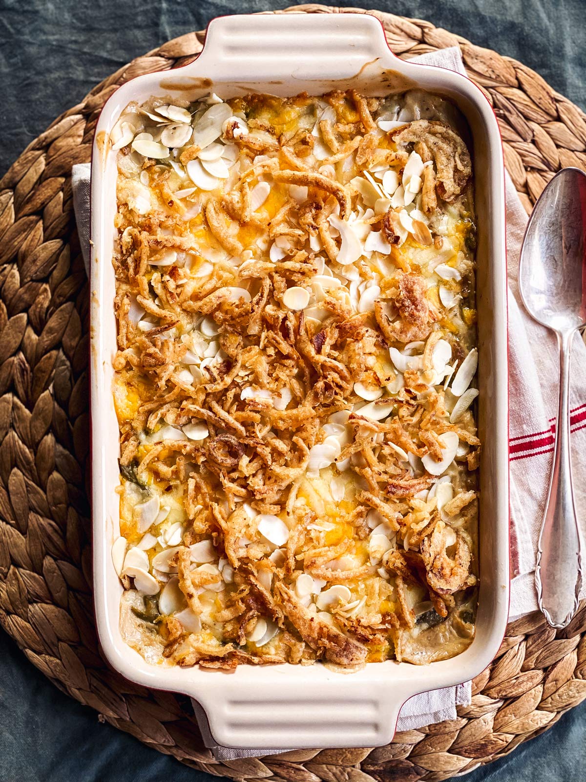 baked green beans casserole on place mat