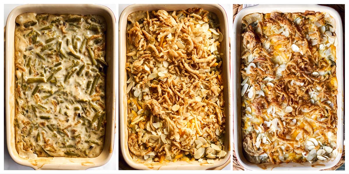 collage to show steps of baking green bean casserole