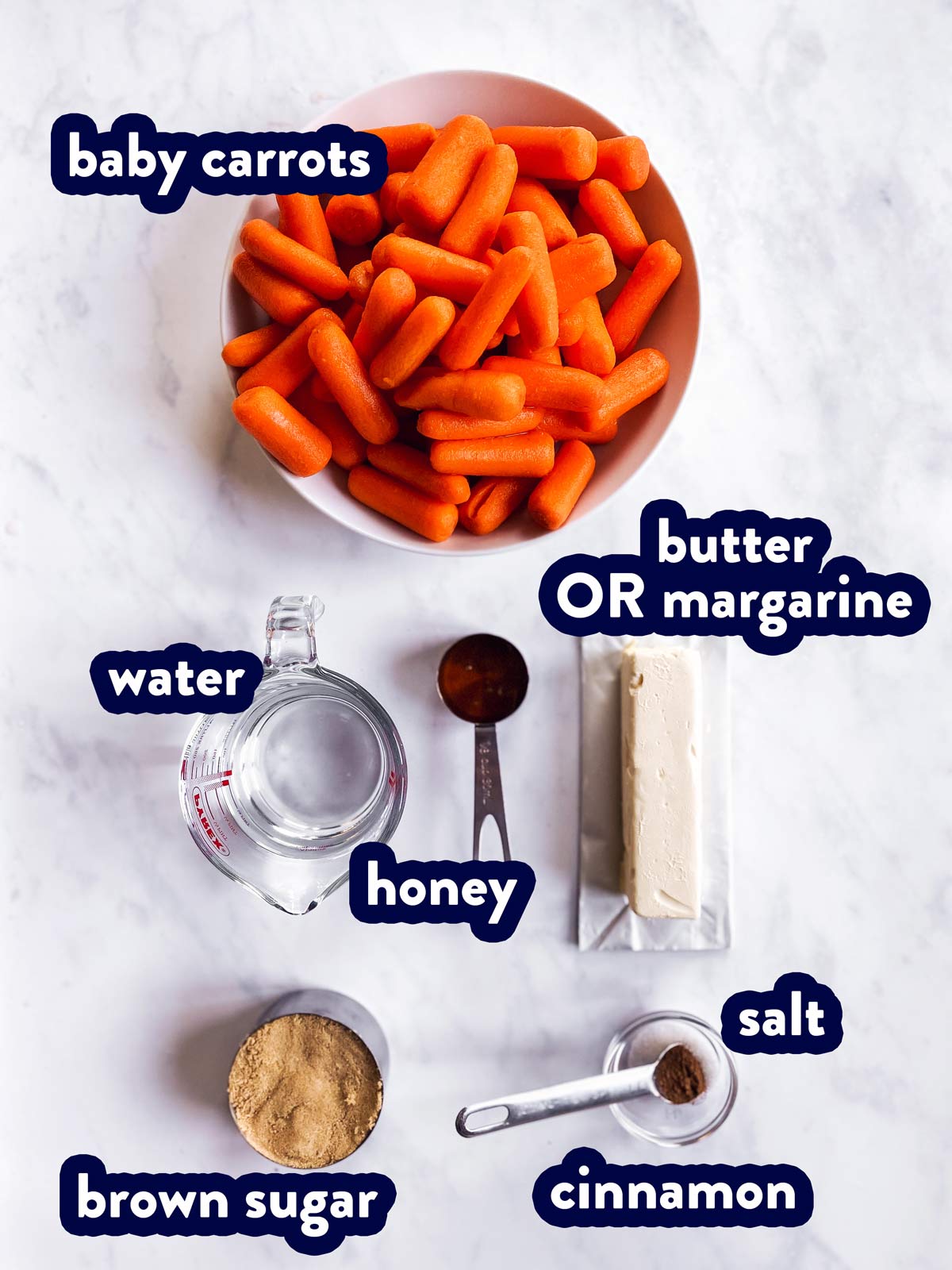 ingredients for instant pot glazed carrots with text labels