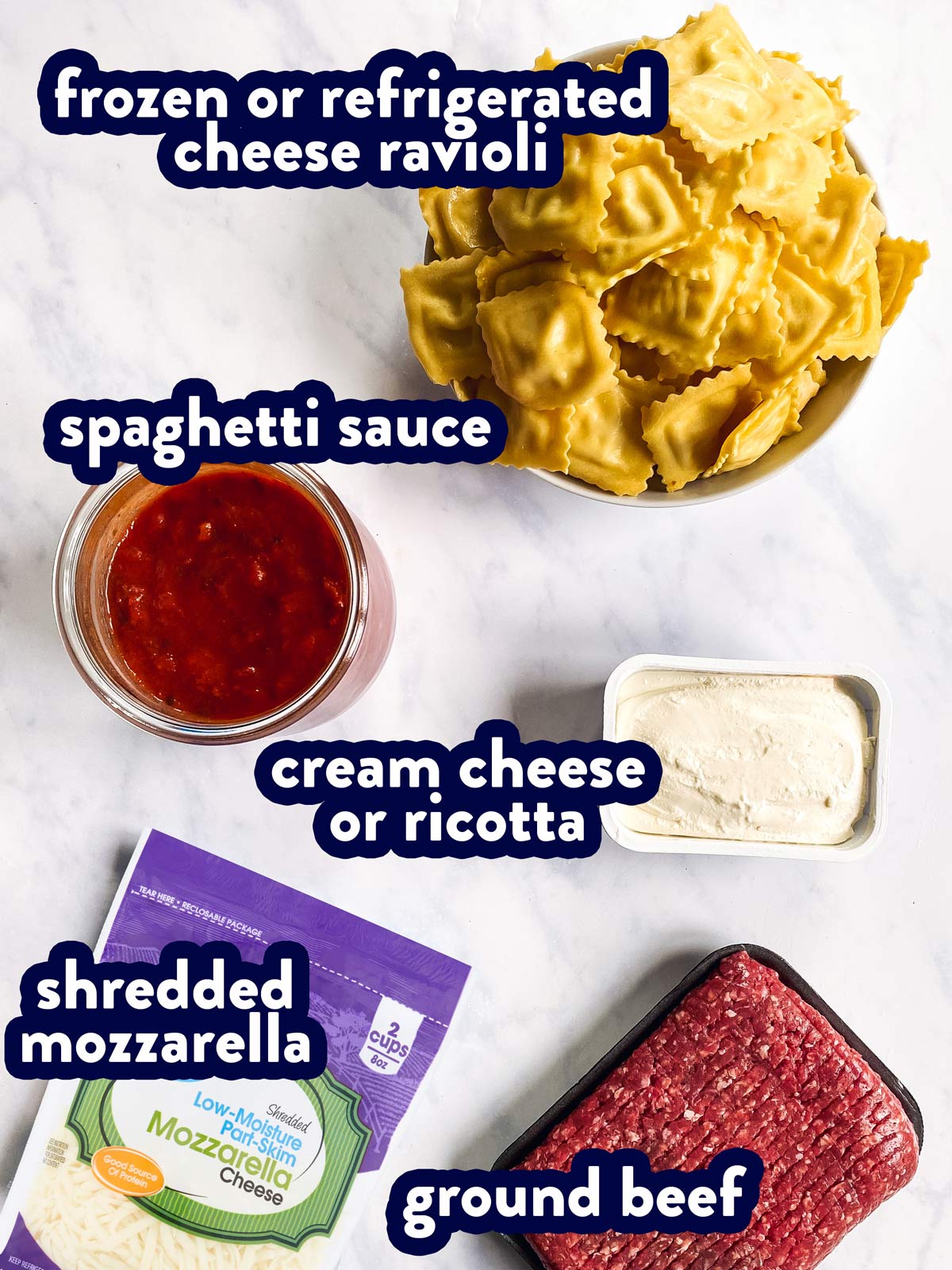 ingredients for ravioli lasagna with text labels
