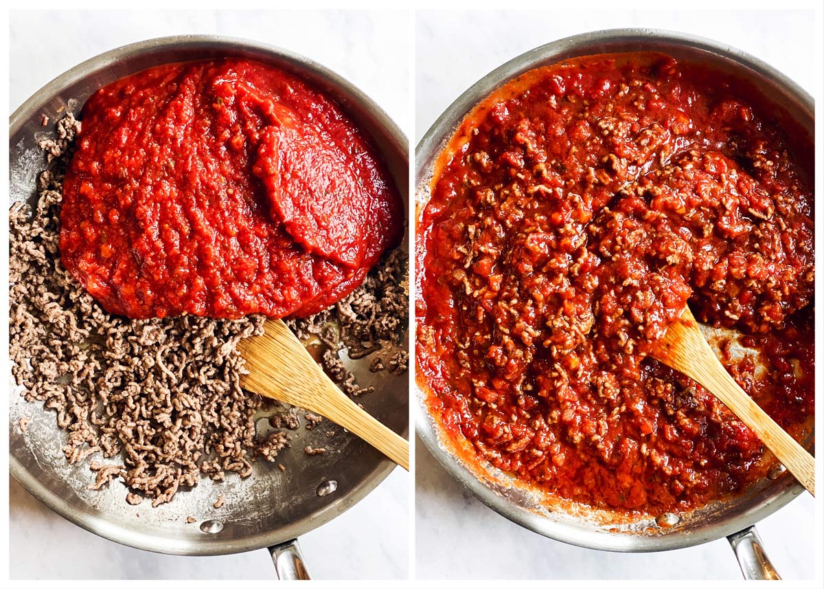 collage of images to show making easy lasagna meat sauce