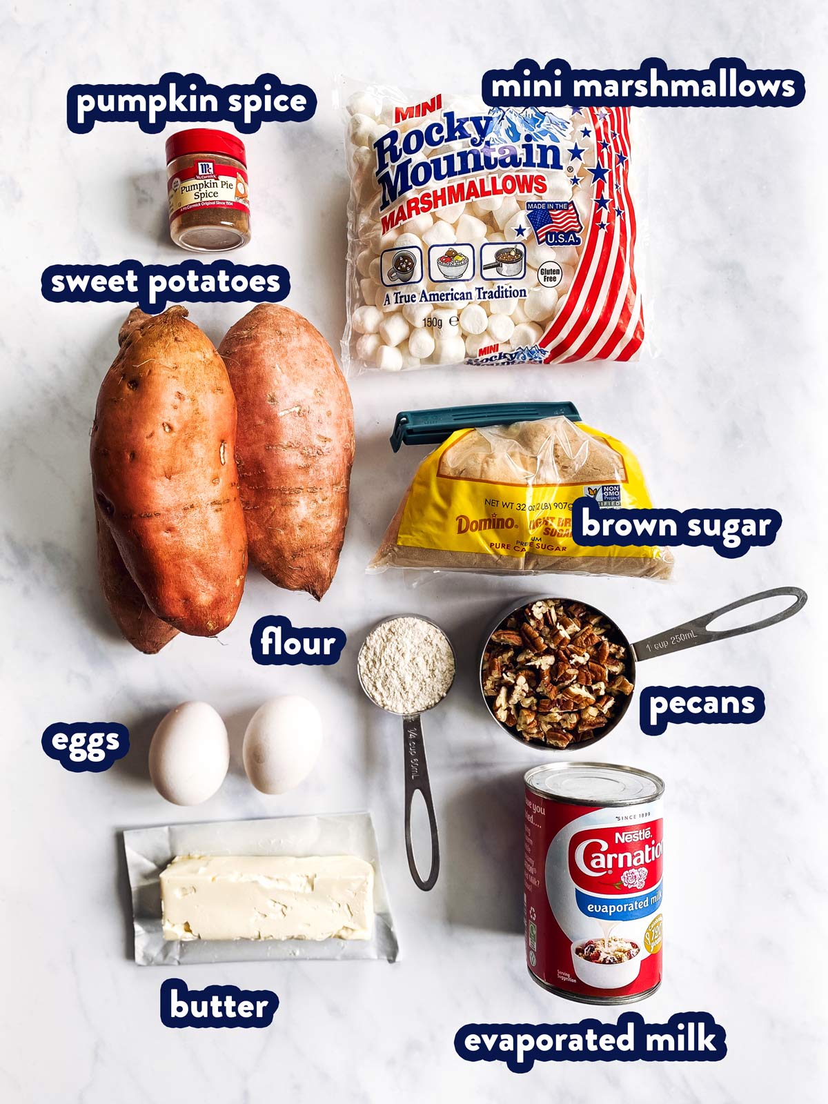 ingredients for sweet potato casserole with text labels