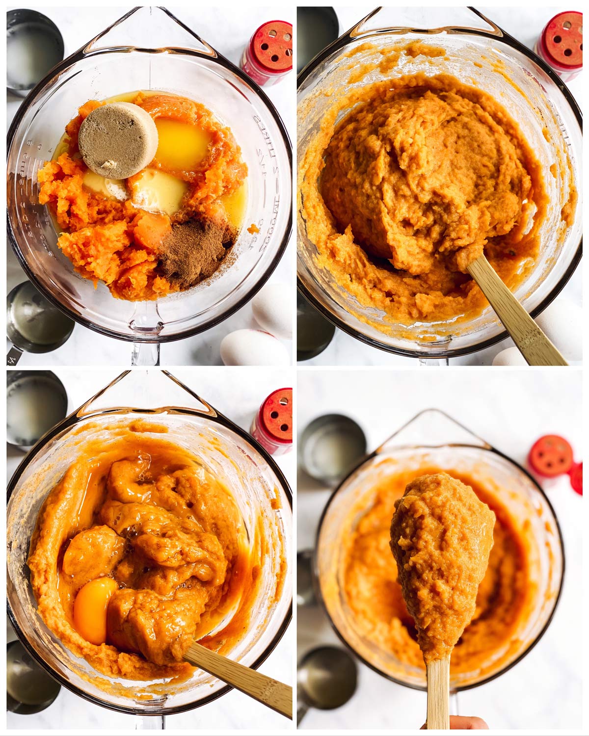 collage of steps to show making a sweet potato casserole filling