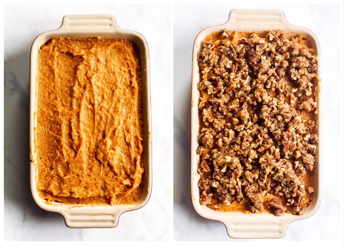 collage of steps to show assembling a sweet potato casserole 